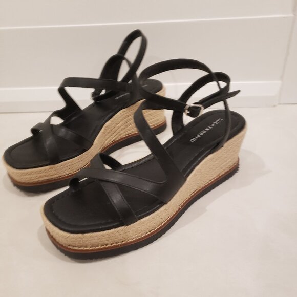 Lucky Brand Carolie Espadrille Wedge Sandal in Black and Beige Size 8 - Picture 1 of 9